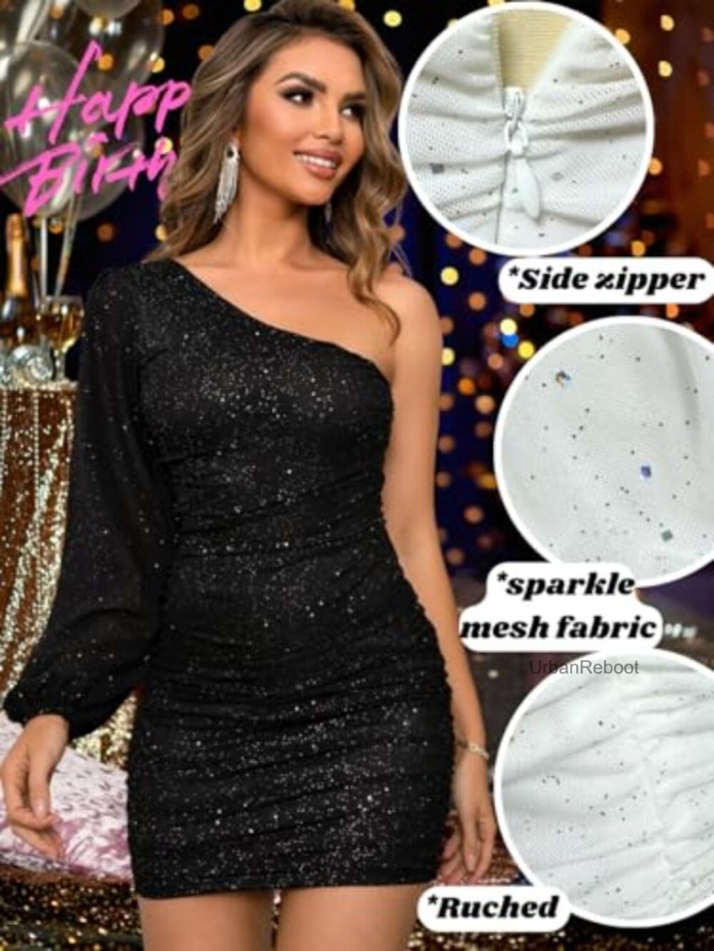 Sequin One Shoulder Ruched Bodycon Dress, Sparkly Club & Cocktail Dress - Picture 3 of 5